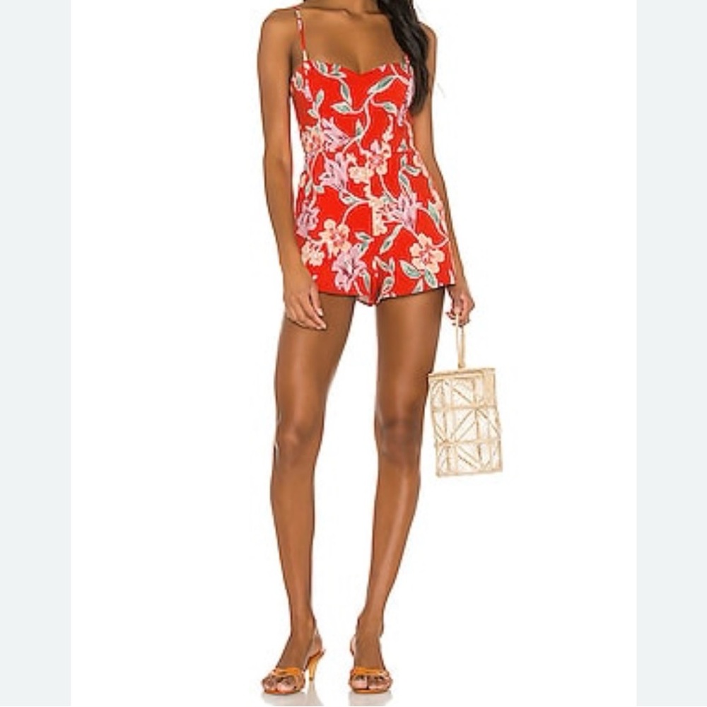 Privacy Please Bayside Romper in Red Jessa Floral Size XS Linen Blended
